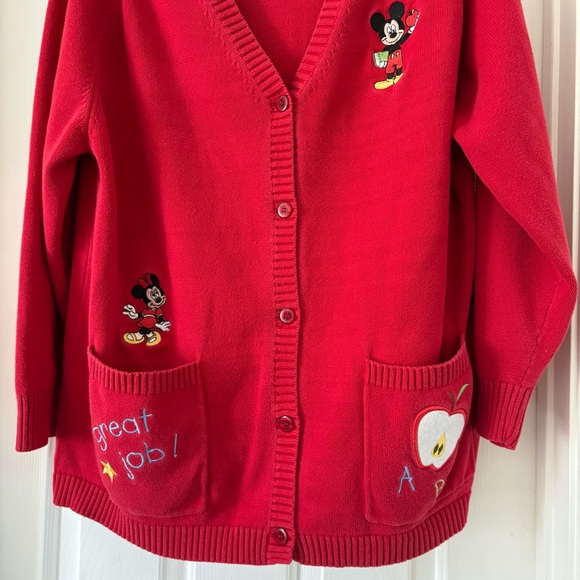 Vintage Disney Mickey Minnie Cardigan Teacher Apple Embroidered Red XXL Academia - Picture 2 of 10